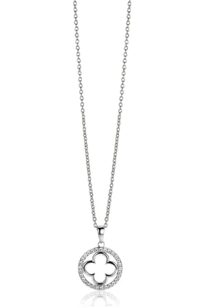ZinZi Zilveren anker ketting met luxe klaver hanger (15mm) rondom bezet met witte zirconia