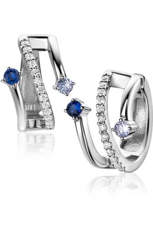 ZinZi 16mm zilveren multi-look oorringen met 3 rijen, bezet met blauwe kleurstenen en witte zirconia
