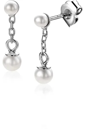 ZinZi 15mm zilveren parel oorstekers met schakelkettinkje en ronde witte glasparel van 4mm ZIO2623