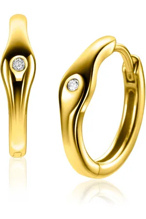 ZinZi 15mm gold plated zilveren oorringen organisch gevormd, bezet met witte zirconia en met luxe klapsluiting ZIO2628