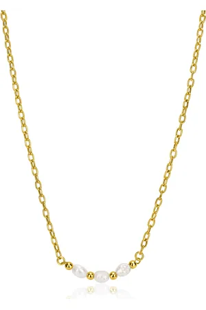 ZinZi Gold plated zilveren schakelketting met drie witte natuurlijk gevormde zoetwaterparels in het midden 42-45cm ZIC2643
