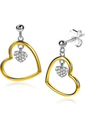 ZinZi 20mm gold plated zilveren oorstekers open hart 15mm en bungelend hartje bezet met witte zirconia