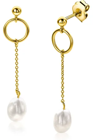 ZinZi 37mm gold plated zilveren oorstekers met open rondje en kettinkje met bungelend witte zoetwaterparel in organische vorm ZIO2615