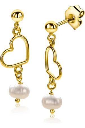 ZinZi 30mm gold plated zilveren oorstekers met open hartje en bungelend witte zoetwaterparel ZIO2642