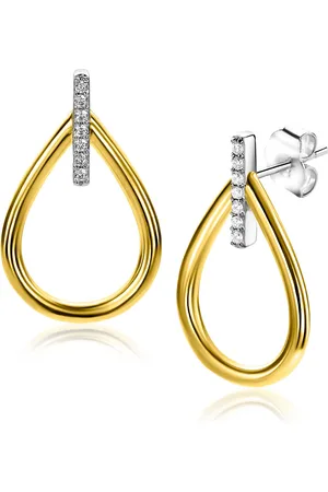 ZinZi 25mm gold plated zilveren grote ovale oorstekers waarbij de top bezet is met witte zirconia