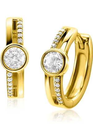 ZinZi 15,5mm gold plated zilveren oorringen met ronde kastzetting en multilook uitstraling, bezet met witte zirconia