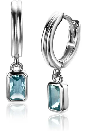 ZinZi 11mm zilveren oorringen met bungelend rechthoekige hangers bezet met petrol blauwe kleurstenen ZIO2614