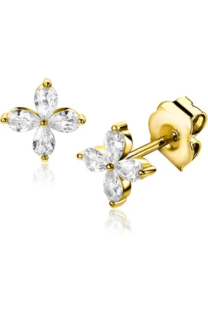 ZinZi 7,5mm gold plated zilveren oorknoppen met bloem bezet met vier druppelvormige witte zirconia