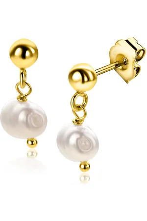 ZinZi 15mm gold plated zilveren oorstekers met bungelend witte zoetwaterparel 6mm in organische vorm ZIO2643