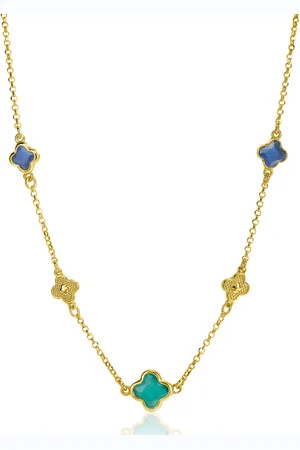 ZinZi Gold plated zilveren schakel ketting met twee donkerblauwe klavers en een grotere groene klaver 40-45cm ZIC2583