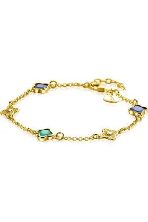 ZinZi Gold plated zilveren schakel armband met twee donkerblauwe klavers en een groene klaver 16-19cm ZIA2583