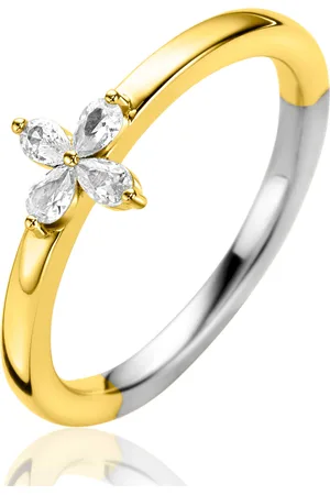 ZinZi Gold plated zilveren ring met bloem (7,5mm), bezet met vier druppelvormige witte zirconia