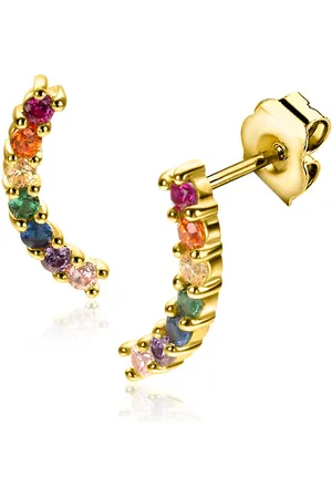 ZinZi 10mm gold plated zilveren oorknoppen met golfje bezet met regenboog kleurstenen ZIO2592