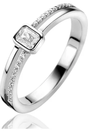 ZinZi Zilveren multilook ring met rechthoekige kastzetting van 5mm en twee banen. Bezet met witte zirconia
