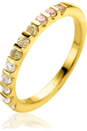 ZinZi Gold plated zilveren aanschuifring 2mm breed bezet met champagne, peridot en witte zirconia