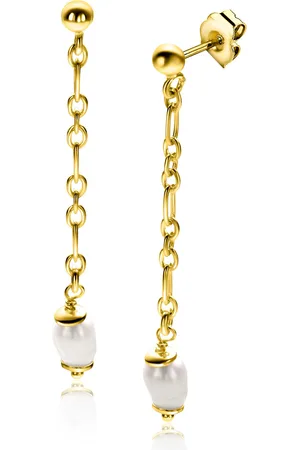 ZinZi 40mm gold plated zilveren oorstekers met lang schakelkettinkje, inclusief witte zoetwaterparel ZIO2588