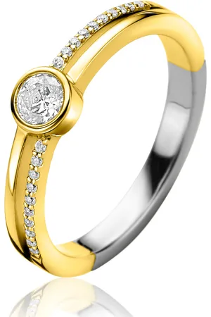 ZinZi Gold plated zilveren multilook ring met ronde kastzetting van 5mm en twee banen. Bezet met witte zirconia