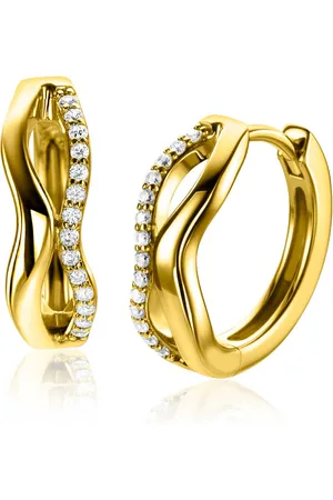 ZinZi 15mm gold plated zilveren oorringen organisch gevormd met twee golvende banen, waarvanéén bezet met witte zirconia