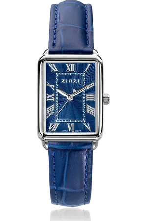 ZinZi Elegance horloge blauwe wijzerplaat en rechthoekige stalen kast met blauwe leren band 28mm extra dun ZIW1955B