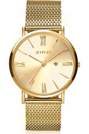 ZinZi Roman horloge goudkleurige wijzerplaat stalen kast geelgoudkleurig stalen mesh band geelgoudkleurig 34mm extra dun ZIW510M