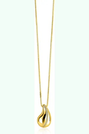 ZinZi Gold plated zilveren venetiaanse ketting 45-48cm met druppelvormige hanger 20mm, golvende rij witte zirkonia
