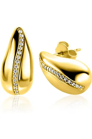 ZinZi 17mm gold plated zilveren oorstekers in druppelvorm met golvende rij witte zirkonia